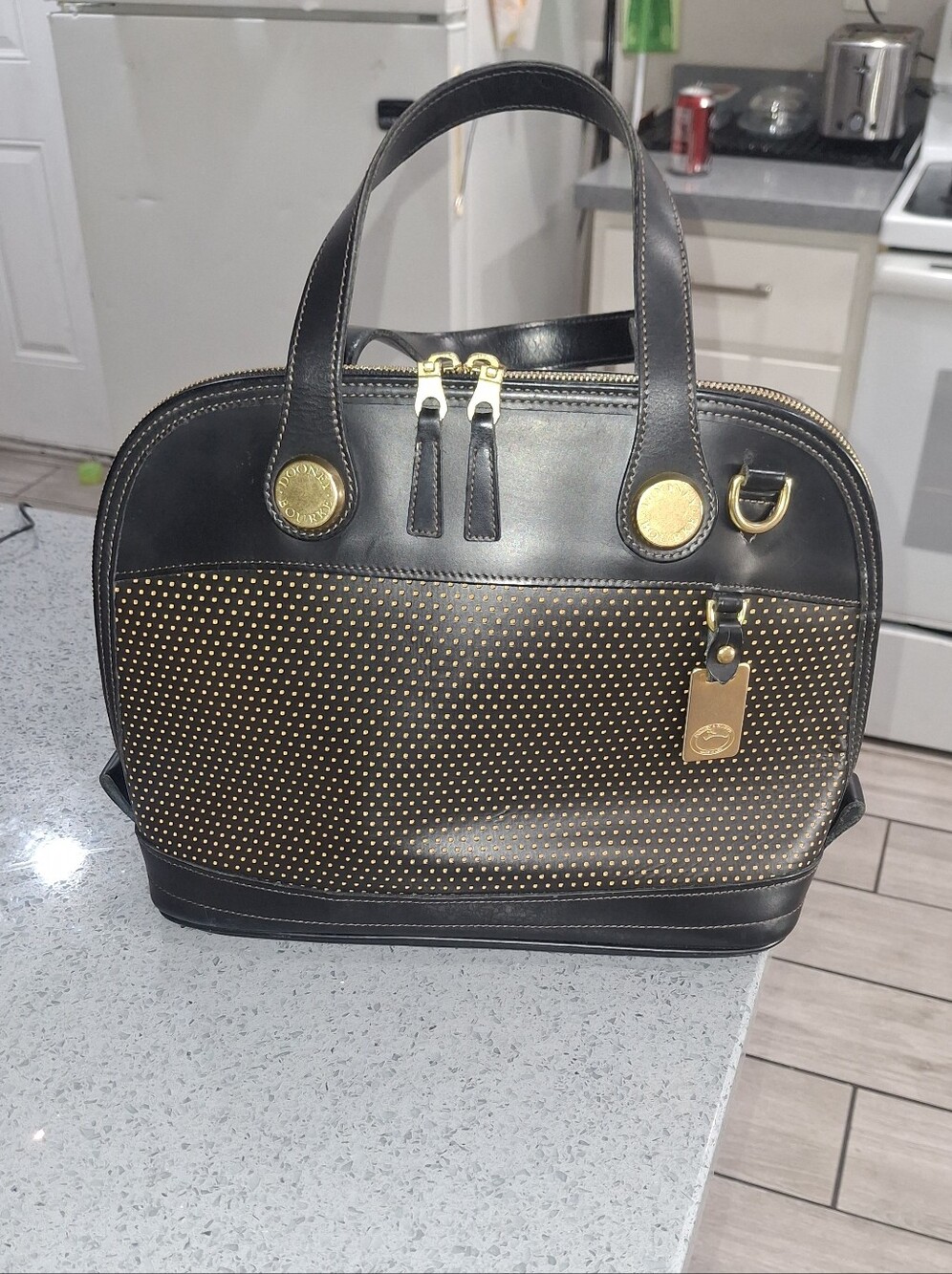 VINTAGE RARE Dooney & Bourke Leather Cabriolet Black Polka Satchel Handbag